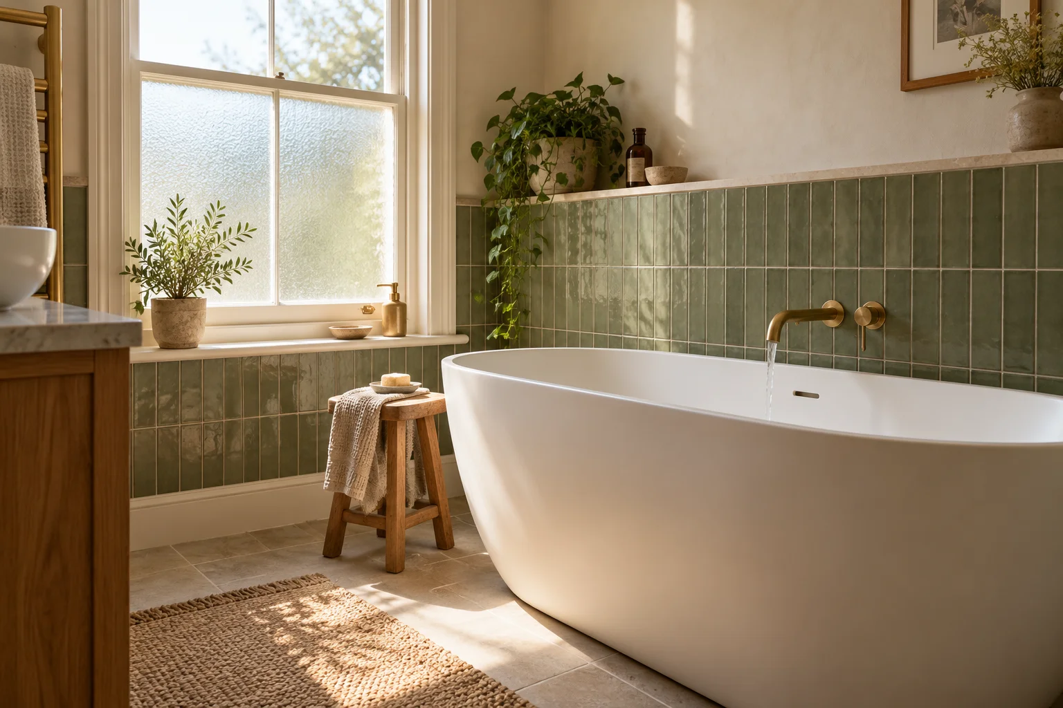 Bathroom design with a white freestanding bath, sage green tiles and brass fittings